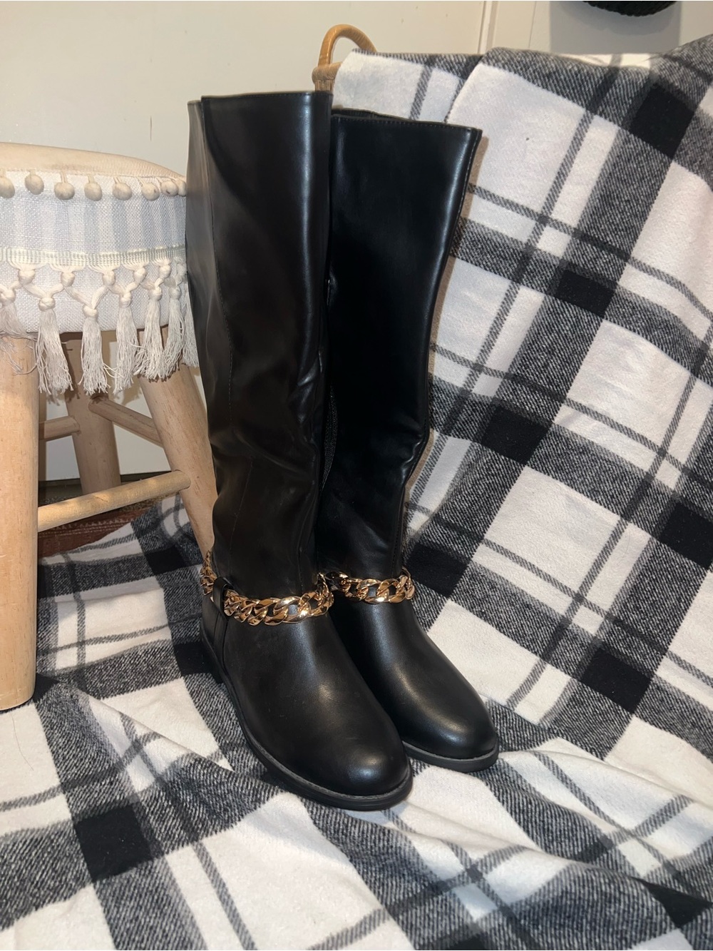 Black Knee-High Boots with Gold Chain Accent- Wide Calf